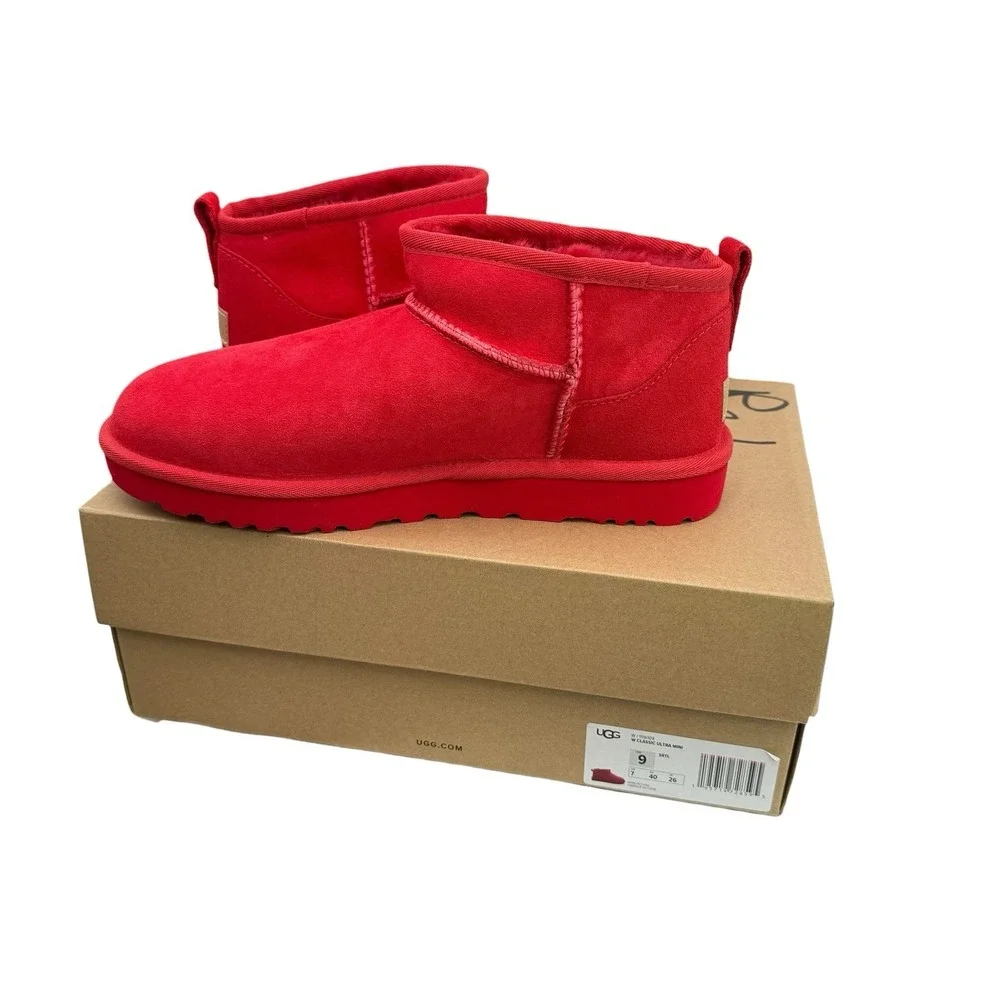UGG Classic Ultra Mini Samba Red Suede Fur Comfort Womens Boots SZ US 9 NIB Read